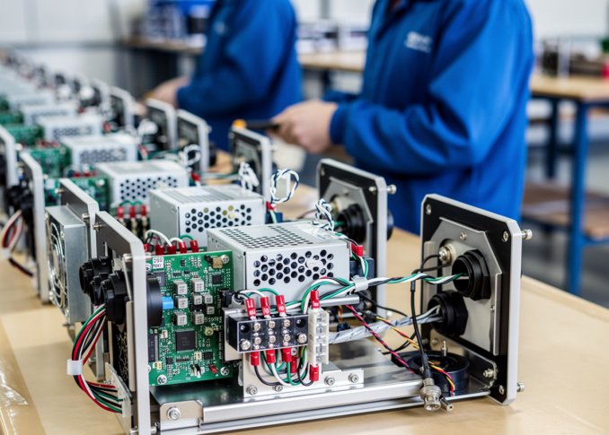 Row of completed box-build assemblies on the production line with technicians working in the background