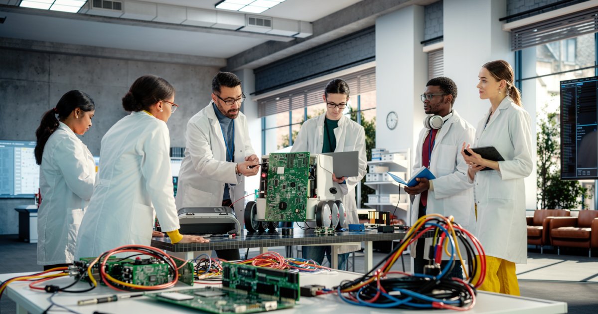 Engineering team reviewing a populated circuit board assembly together at a workbench